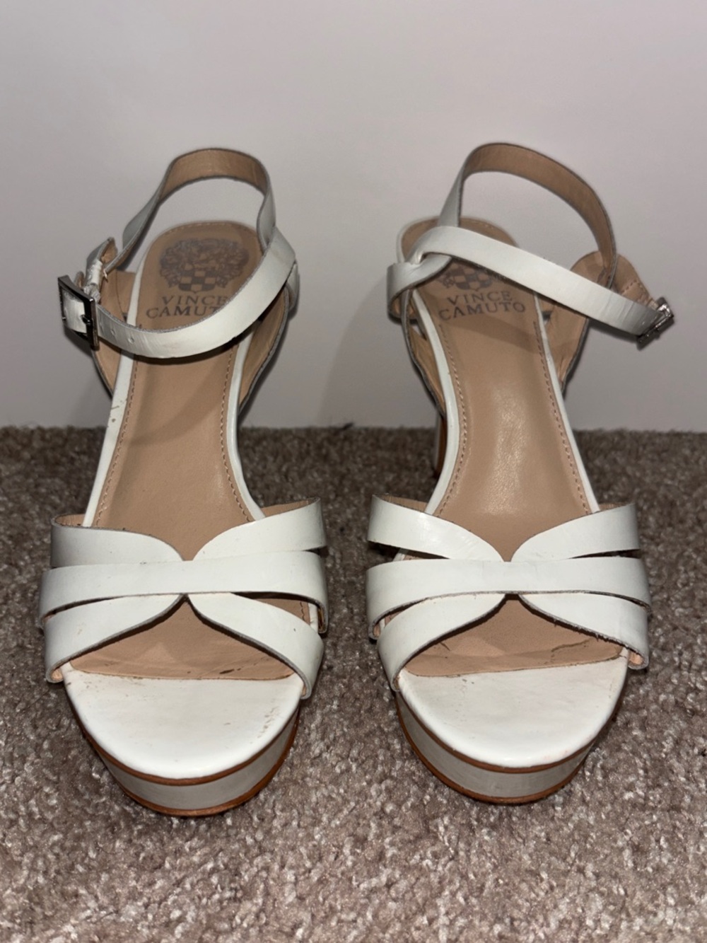 Vince Camuto White Leather Platform Heel Sandals with Ankle Strap